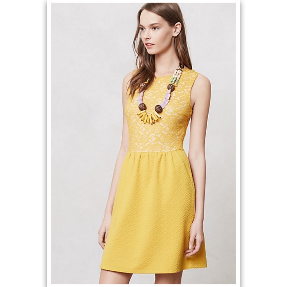Anthropologie Maeve Vera Lace A-Line Dress in Mustard Yellow S Great Condition